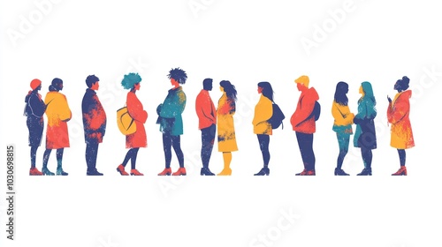 A diverse group of people in silhouette standing in a line, all wearing colorful clothing.