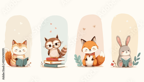 Cute forest animals reading books vector illustration
