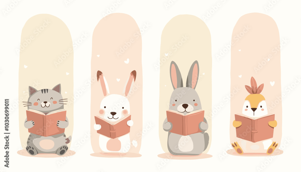 Fototapeta premium Cartoon animals with books vector bookmark collection