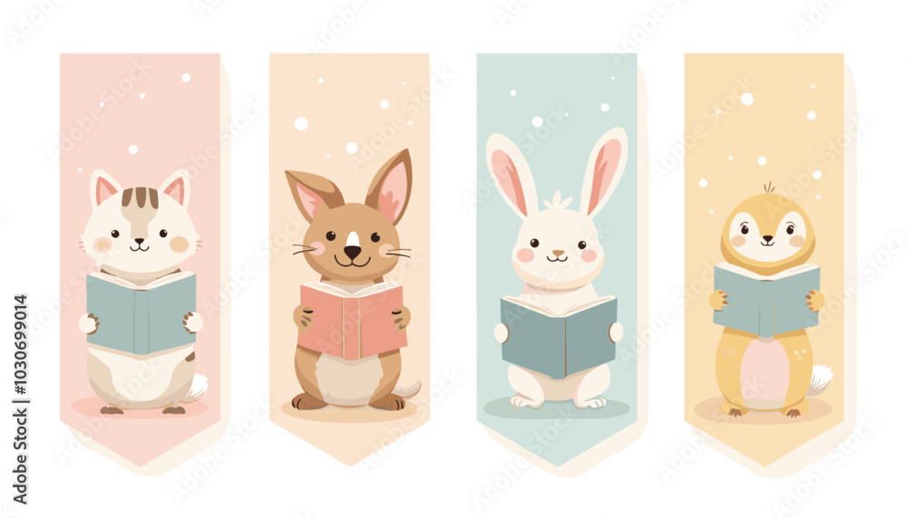 Adorable animals reading books vector bookmark set Adorable animals reading books vector bookmark set