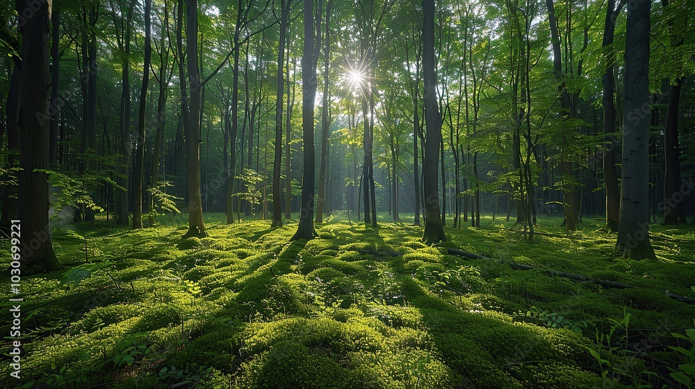 Fototapeta premium Lush green forest with sunlight filtering through the trees, capturing the essence of environmental conservation and the critical need to preserve natural habitats for biodiversity. Realistic photo.