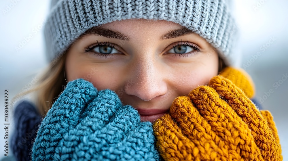 Close up of beautifully crafted knitted winter accessories including warm gloves cozy beanie and soft scarf in a variety of bright cheerful seasonal colors Close up of beautifully crafted knitted winter accessories including warm gloves cozy beanie and soft scarf in a variety of bright cheerful seasonal colors