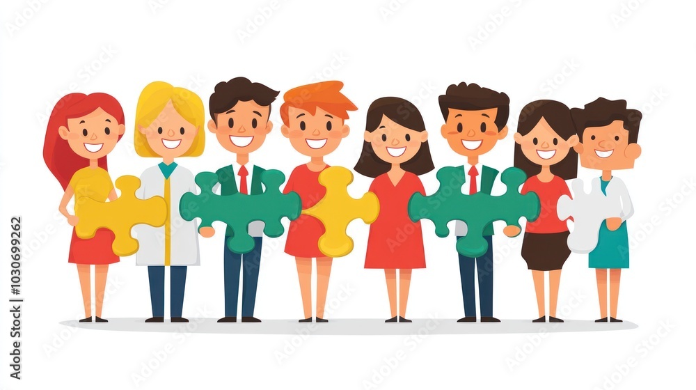 A group of diverse people holding puzzle pieces, symbolizing teamwork and collaboration. A group of diverse people holding puzzle pieces, symbolizing teamwork and collaboration.