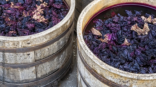 Dyeing Polyester Fabric: Large vats filled with vividly colored dye, immersing fabric for vibrant results.  photo