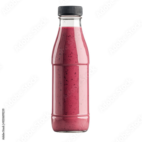 Refreshing berry smoothie in clear bottle, showcasing vibrant colors and creamy texture. Perfect for healthy snack or breakfast option