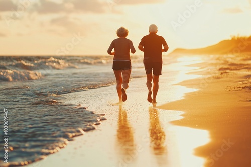A happy elderly couple running along the beach at sunset. Healthy lifestyle, love, relationships, recreation