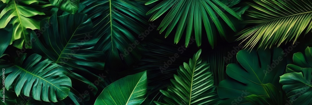 Tropical jungle foliage pattern, lush exotic plant leaf texture background, dark green nature banner Tropical jungle foliage pattern, lush exotic plant leaf texture background, dark green nature banner