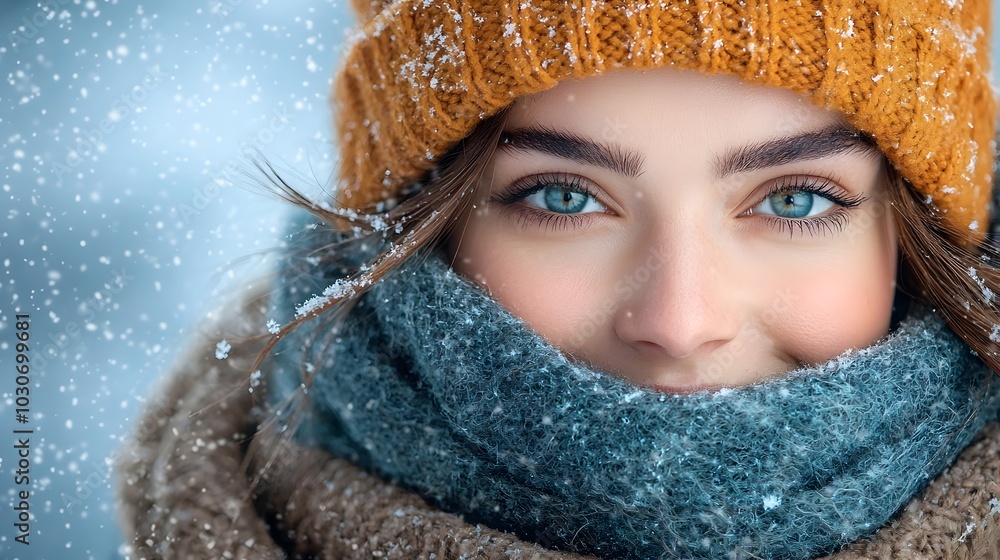 Fashionable woman dressed in a warm winter coat and scarf standing in a snowy city setting with buildings and streetscape in the background Fashionable woman dressed in a warm winter coat and scarf standing in a snowy city setting with buildings and streetscape in the background
