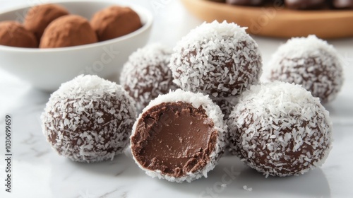 Chocolate Truffles with Coconut Flakes on a Marble Surface