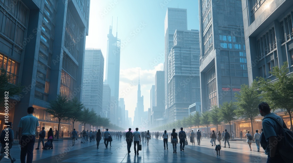 Obraz premium A vibrant city where humans and AI coexist harmoniously, showcasing a perfect blend of nature and technology.