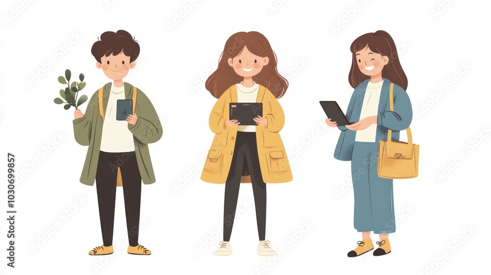 Three smiling cartoon people, one with a plant, one with a tablet, and one with a tablet and a bag. Three smiling cartoon people, one with a plant, one with a tablet, and one with a tablet and a bag.