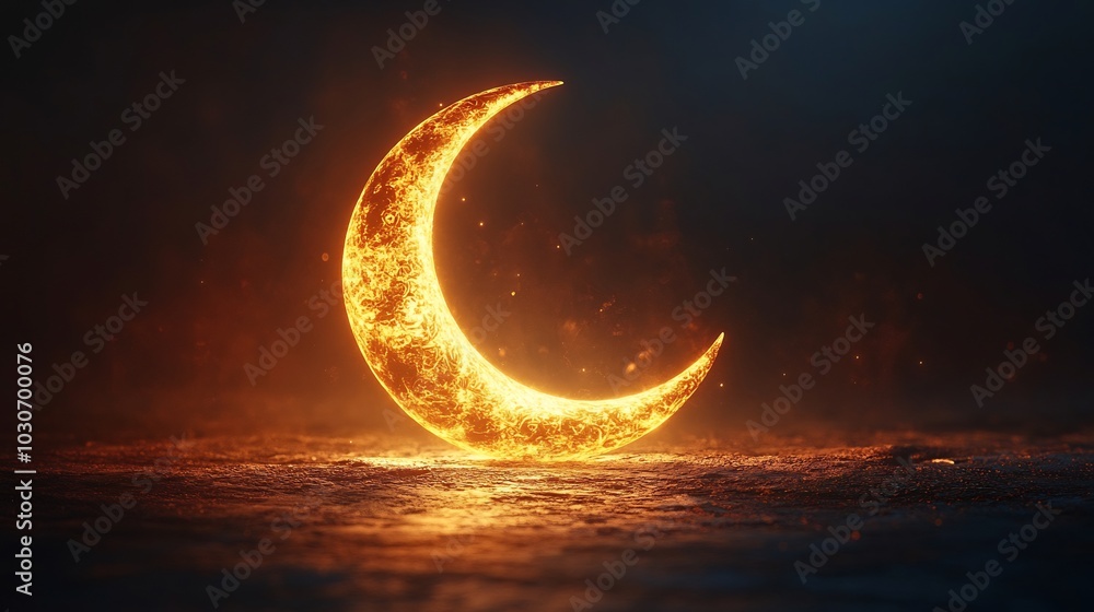 Fototapeta premium Simple Ramadan themed minimalistic background showcasing a beautifully crafted Arabic calligraphy piece alongside a glowing crescent moon creating a harmonious blend of tradition and modern design