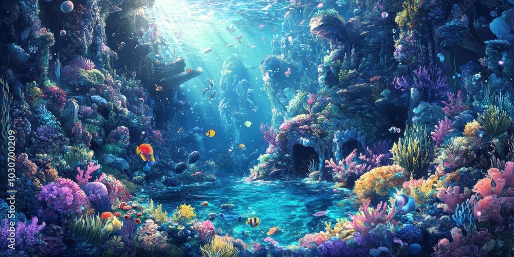 Naklejka premium Vibrant coral reef with colorful fish.