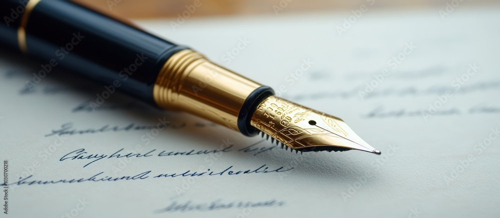A gold fountain pen with black ink rests on a piece of paper with handwritten cursive script. A gold fountain pen with black ink rests on a piece of paper with handwritten cursive script.