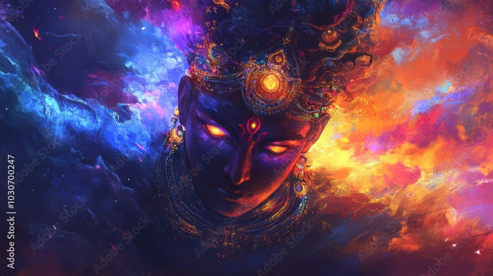 Joyful with glowing features, set against a dynamic abstract background filled with vivid blues and purples. Joyful with glowing features, set against a dynamic abstract background filled with vivid blues and purples.