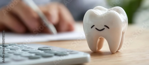 A white ceramic tooth with a smiling face sits on a table with a calculator in the foreground and a hand writing on a paper in the background. photo