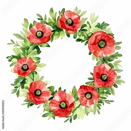 Vibrant Floral Wreath with Bright Red Poppies