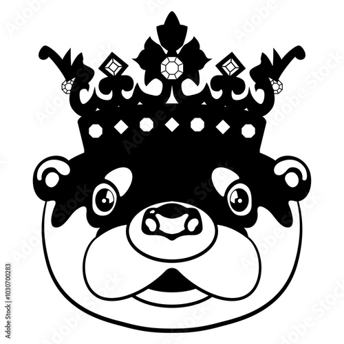 Stylized face of otter wearing royal crown. Funny animal mask. Cartoon style. Black and white silhouette.