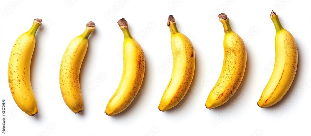 Six ripe yellow bananas arranged in a row on a white background. Six ripe yellow bananas arranged in a row on a white background.