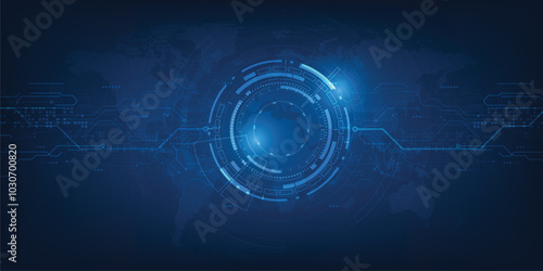 Abstract digital technology background with a circular interface and global map, in blue tones.