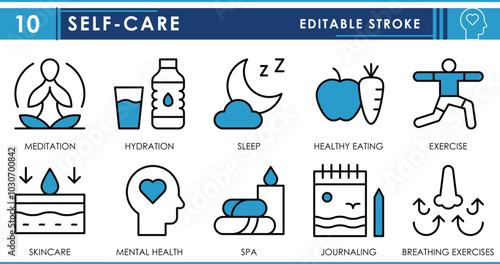 A set of line icons related to Self-Care. Meditation, hydration, sleep, healthy eating, exercise, skincare, mental health, and so on. Vector editable stroke.