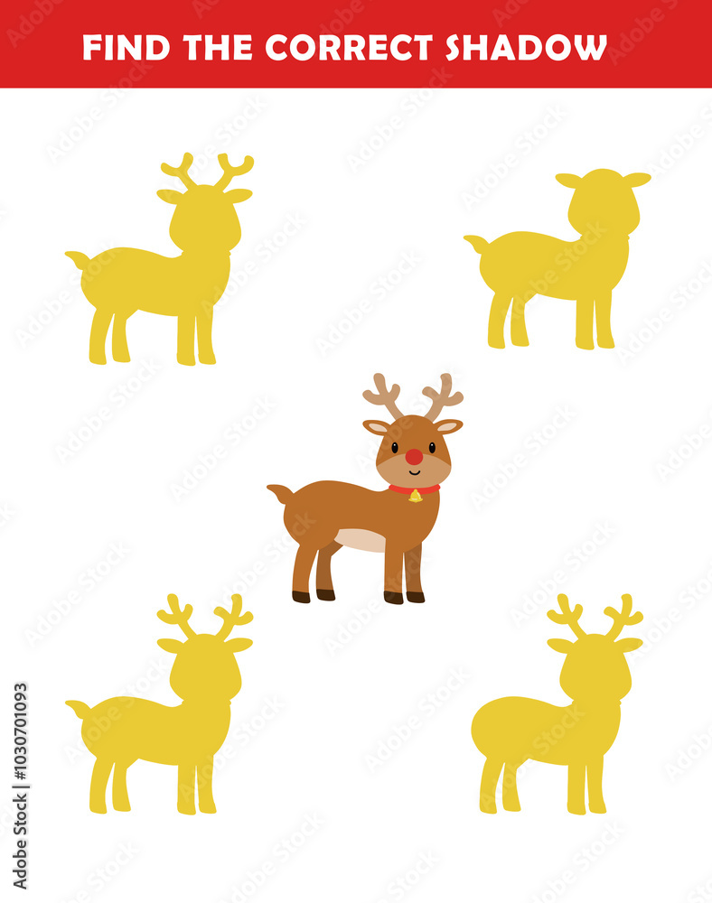 Christmas activity sheet. Find the correct shadow of the cute reindeer illustration. Educational logic game for children. Printable worksheet. Christmas activity sheet. Find the correct shadow of the cute reindeer illustration. Educational logic game for children. Printable worksheet.