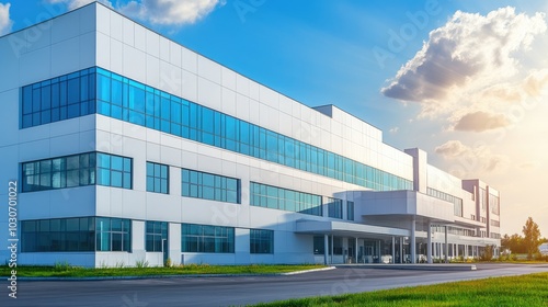A modern hospital exterior with glass facades and steel accents  representing advanced healthcare infrastructure.