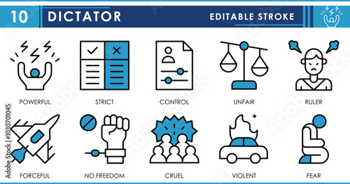 A set of line icons related to Dictator. Powerful, strict, control, unfair, ruler, forceful, violent, and so on. Vector editable stroke.