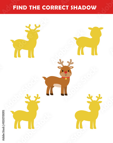 Christmas activity sheet. Find the correct shadow of the cute reindeer illustration. Educational logic game for children. Printable worksheet.