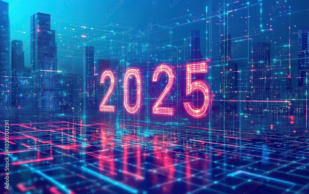 A dynamic 3D scene of a digital city skyline with 