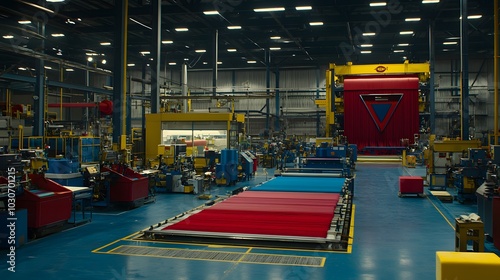 Textile Factory Machinery: A bustling factory floor with machines weaving, dyeing, and finishing polyester textiles.  photo