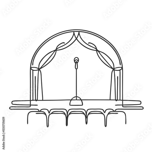 Minimalist line art of a stage with microphone and curtains