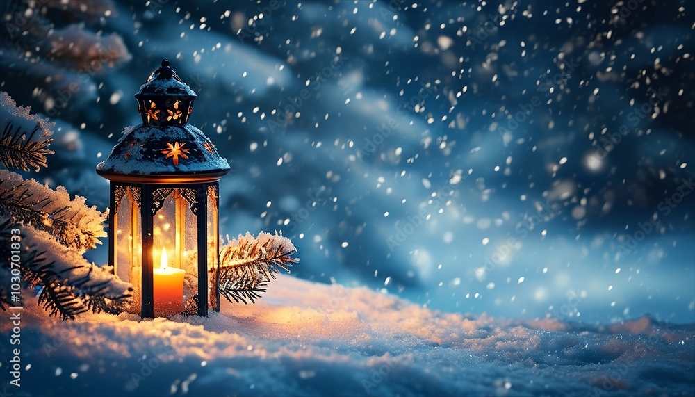 Glowing Christmas Lantern Illuminating a Snowy Winter Landscape with Falling Snowflakes at night on a Peaceful Christmas Eve in Motion. Made with generative AI technology Glowing Christmas Lantern Illuminating a Snowy Winter Landscape with Falling Snowflakes at night on a Peaceful Christmas Eve in Motion. Made with generative AI technology