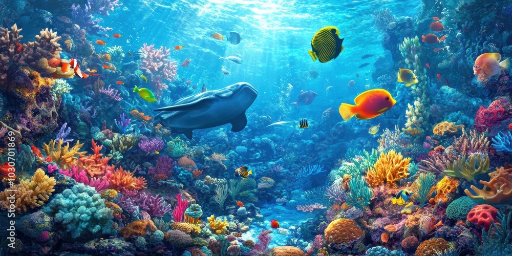 Naklejka premium Colorful coral reef with fish and a ray.