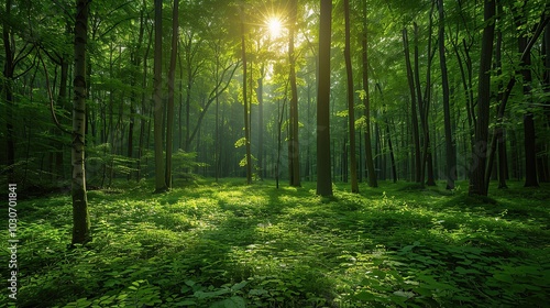 A lush green forest with sunlight filtering through the trees, illustrating the significance of environmental conservation and the preservation of natural habitats for biodiversity. Realistic photo.