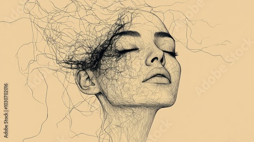 World Mental Health Day background concept, with bald woman's head covered with black chaotic thread, gloomy illustration 