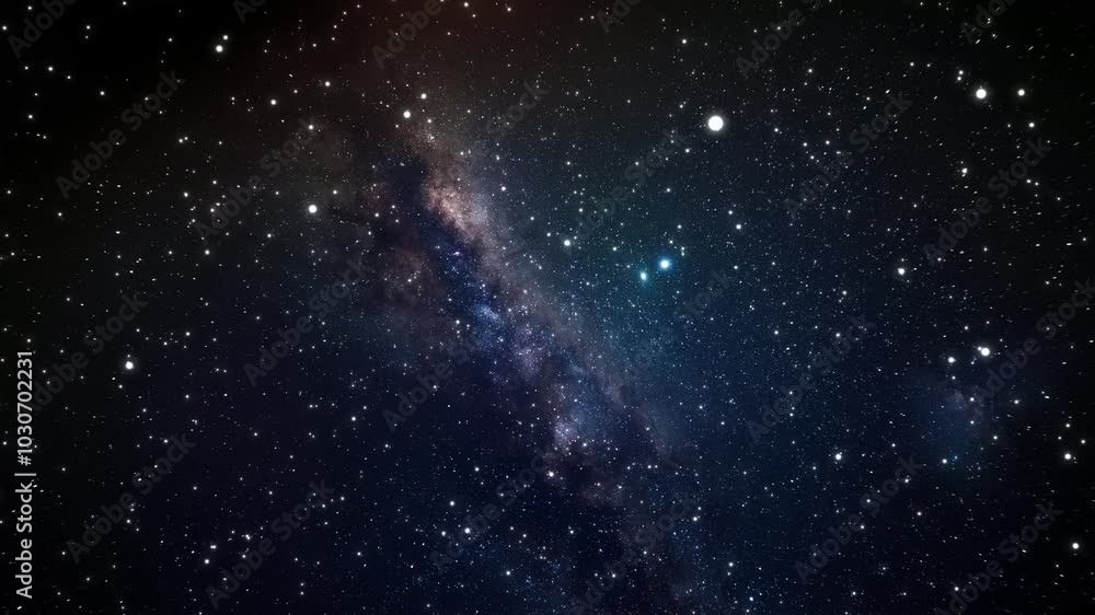 Starry night sky against the background of outer space. Night starry sky. Travelling along Milky Way to distant galaxies and constellations. Intergalactic travel. Seamless looped repeating animation.