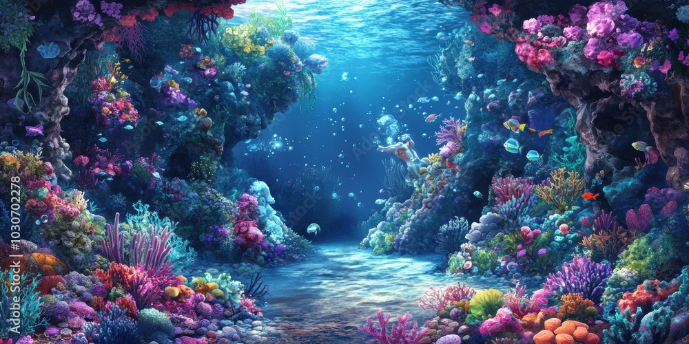 Underwater scene with vibrant coral reef and fish. Underwater scene with vibrant coral reef and fish.