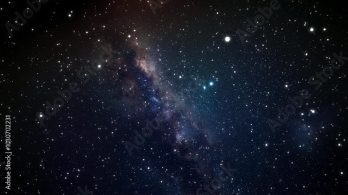 Starry night sky against the background of outer space. Night starry sky. Travelling along Milky Way to distant galaxies and constellations. Intergalactic travel. Seamless looped repeating animation. 