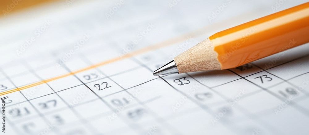 Close-up of a yellow pencil pointing at a calendar with dates and lines. Close-up of a yellow pencil pointing at a calendar with dates and lines.