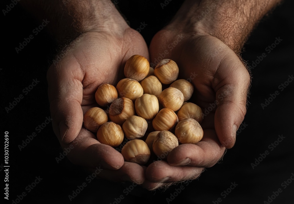 A man's hands holding hazelnuts against a black background A man's hands holding hazelnuts against a black background