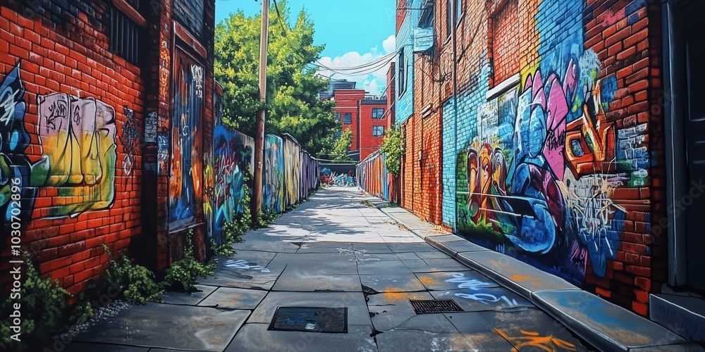 Fototapeta premium A narrow alleyway with colorful graffiti.