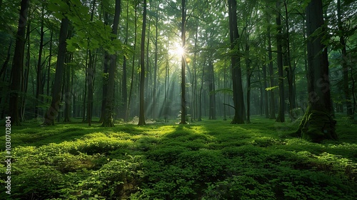 A lush green forest with sunlight filtering through the trees, illustrating the importance of environmental conservation and preserving habitats for biodiversity. Realistic photo. High resolution