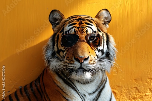 A majestic tiger with striking orange and black stripes sits calmly, sporting sunglasses against a bright yellow background, creating a playful and bold contrast in bright daylight