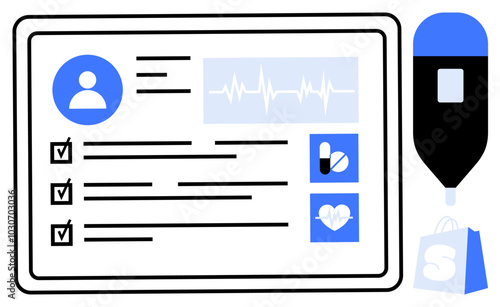 Digital screen displaying a medical profile with checklist and health data. Medical devices, medication icon, and heart icon visible. Ideal for health, medicine, technology, digital records