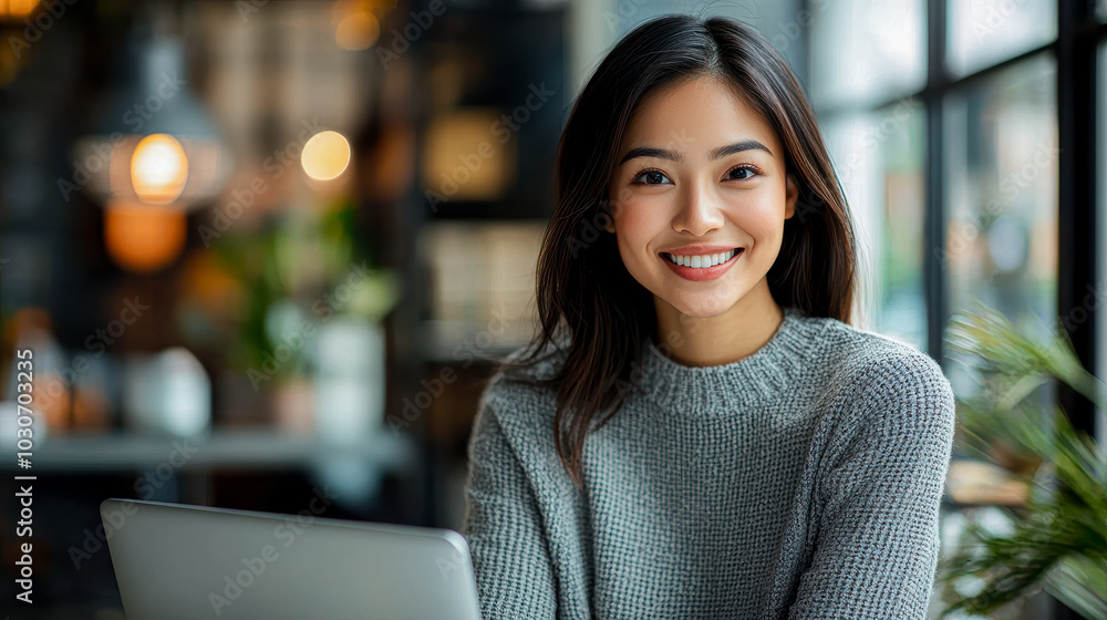 A woman is sitting at a table with a laptop in front of her A woman is sitting at a table with a laptop in front of her