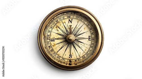 One old brass compass with intricate markings, soft directional lighting highlighting its details, vintage and explorer-themed design, clean white background, adventurous and historical atmosphere