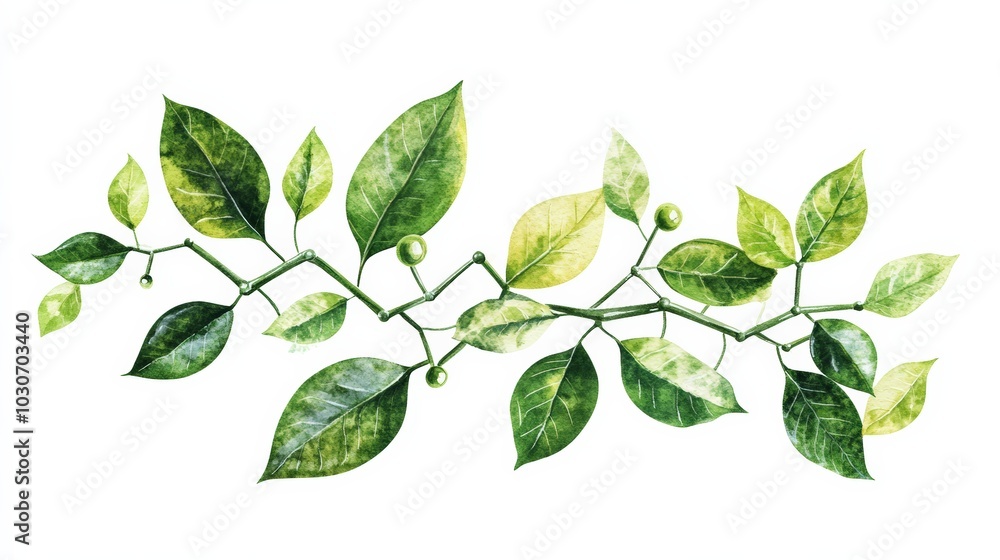 Watercolor illustration of a delicate green leaf vine. Perfect for natural and botanical designs, creating a fresh and organic look.