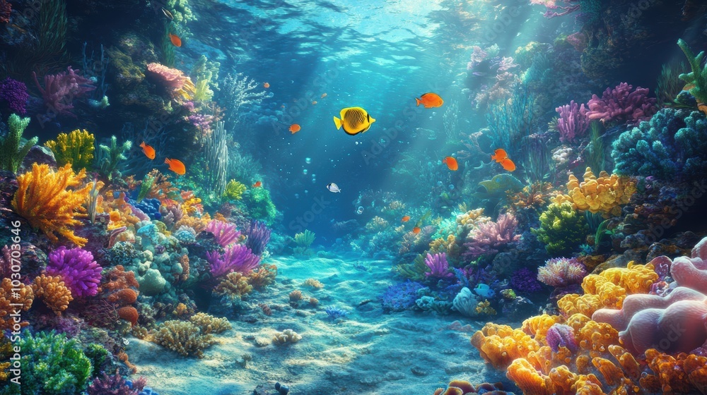 Fototapeta premium Colorful fish swim through vibrant coral reefs.