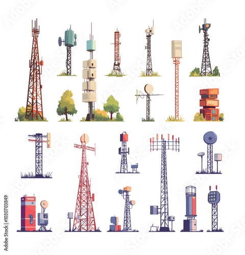 Wireless satellites 5g 4g towers cartoon vector set. Transmitters antenna lte telecommunication radio communications telephone internet radar equipment stuff isolated illustration